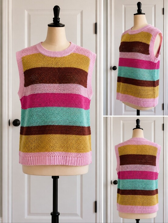None Sweaters - Retro Striped Crochet Knit Sweater Vest Size Small Pink Green Brown